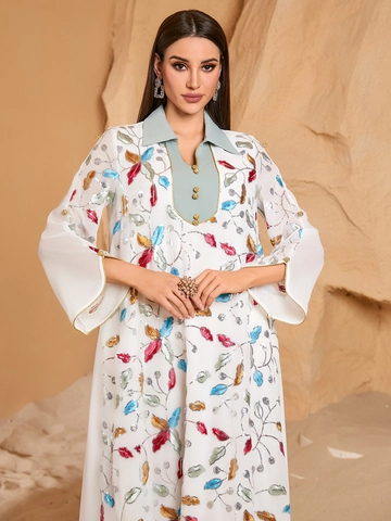 Vestito Musulmano Mediorientale da Donna Ricamo Paillettes Abaya Manica Lunga Kaftano Sciolto Tunica Estiva Maxi Abito Bianco