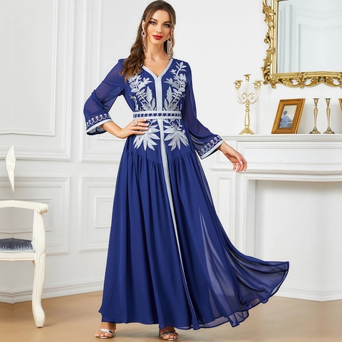 Women Elegant Embroidered Kaftan Maxi Dress V-Neck Long Sleeve Chiffon Abaya Robe For Party Wedding Evening Muslim Fashion