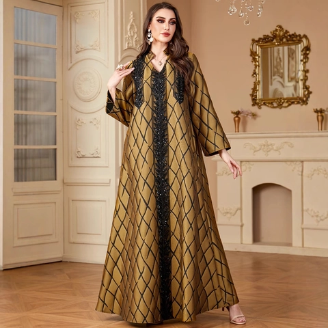 Luxurious Sequin Embroidery Abaya Kaftan Women Long Sleeve V Neck Maxi Dress Ethnic Diamond Grid Pattern Party Robe Dress