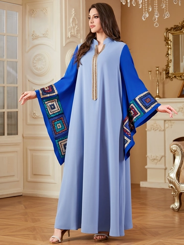 Vestido Maxi Musulmán Kaftan Abaya Étnico para Mujer Patchwork Color de Contraste Bordado Geométrico de Lentejuelas Túnica