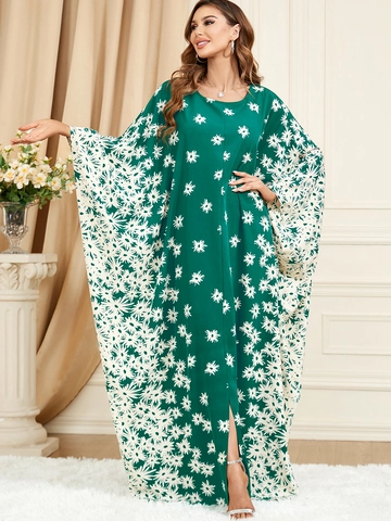 Women Casual Batwing Sleeve Loose Kaftan Maxi Dress Green White Daisy Floral Print Ankle Length Bohemian Plus Size Long Dress