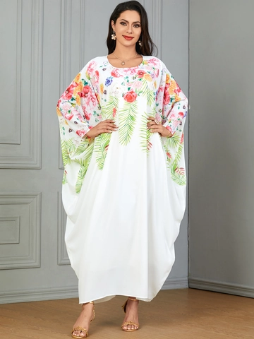 Women Ethnic Floral Print Kaftan Maxi Dress Polyester Batwing Sleeve Loose Abaya Robe For Vacation Casual Party White