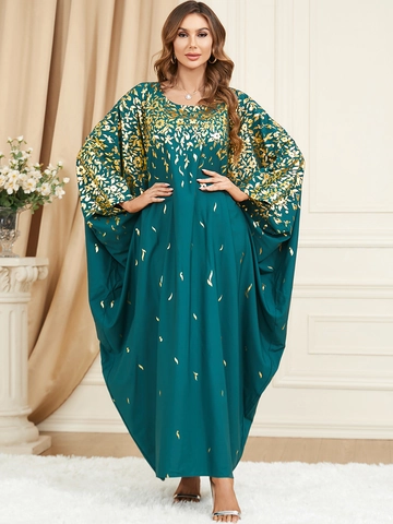 Abito Lungo Kaftan Etnico da Donna Verde Largo Manica a Pipistrello Stampa Floreale Foglia d'Oro Abaya per Festa