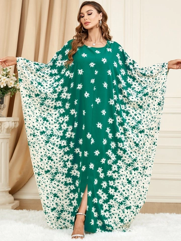 Women Casual Batwing Sleeve Loose Kaftan Maxi Dress Green White Daisy Floral Print Ankle Length Bohemian Plus Size Long Dress