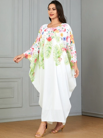 Women Ethnic Floral Print Kaftan Maxi Dress Polyester Batwing Sleeve Loose Abaya Robe For Vacation Casual Party White