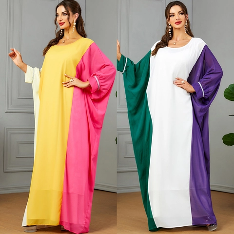 Vestido Maxi Kaftán Abaya de Bloque de Color para Mujer Holgado Manga Murciélago Larga Puños de Strass Étnico Fiesta