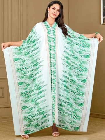 Women Plus Size Kaftan Maxi Dress Green Floral Leaf Print V-Neck Batwing Sleeve Loose Ethnic Style Bohemian Long Robe