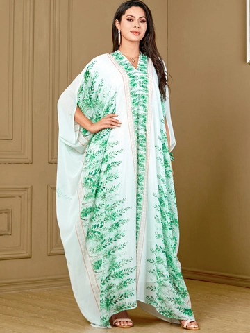 Women Plus Size Kaftan Maxi Dress Green Floral Leaf Print V-Neck Batwing Sleeve Loose Ethnic Style Bohemian Long Robe