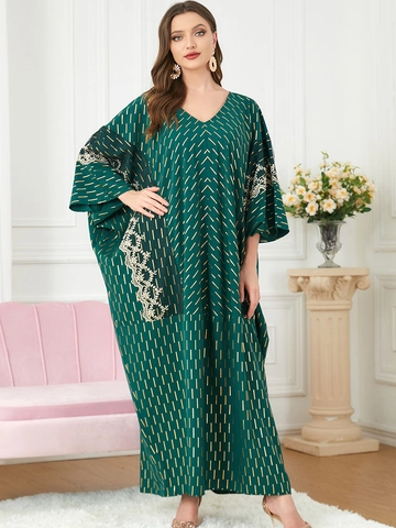 Abito Kaftano Etnico Donna Verde Scuro Stampa Geometrica Metallica Oro Ricamo in Pizzo Scollo a V Manica a Pipistrello Maxi Abito Musulmano