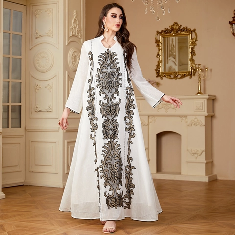 Damen Ethno Abaya Kaftan Maxikleid Elegant Langarm Stickerei Muslimische Robe Für Party Formelle Hochzeit Abendkleid