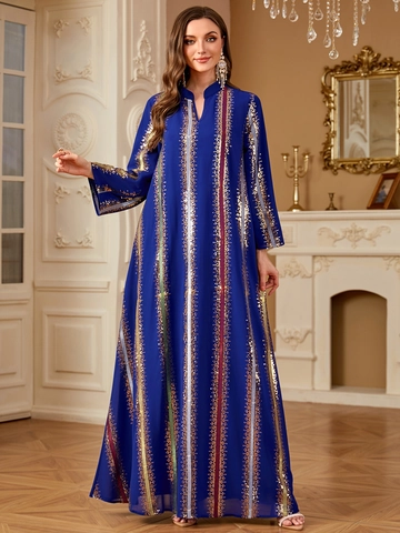 Mujer Azul Real Gasa Lentejuelas Bordado Vestido Maxi Manga Larga Cuello en V Abaya Kaftan Étnico Elegante Vestido Noche