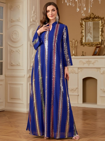 Mujer Azul Real Gasa Lentejuelas Bordado Vestido Maxi Manga Larga Cuello en V Abaya Kaftan Étnico Elegante Vestido Noche