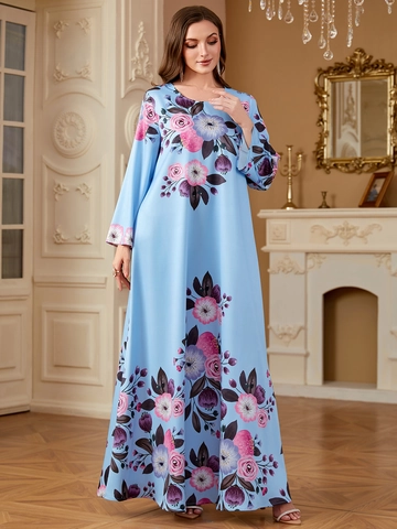 Damen Ethno Digital Blumendruck Langarm Rundhalsausschnitt Maxikleid Hellblau Locker Elegant Bescheiden Mode Abaya Gewand Kleid