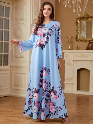 Damen Ethno Digital Blumendruck Langarm Rundhalsausschnitt Maxikleid Hellblau Locker Elegant Bescheiden Mode Abaya Gewand Kleid