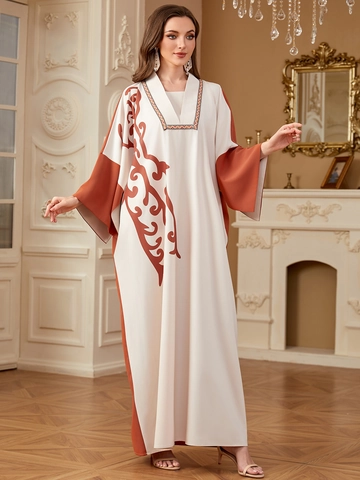 Women Ethnic Patchwork Kaftan Dress Batwing Sleeve V Neck Embroidery Contrast Color Loose Maxi Abaya Long Robe For Party