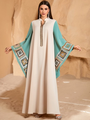 Ethnic Γυναικείο Kaftan Abaya Μάξι Φόρεμα Βερικοκί Colorblock Μανίκι Νυχτερίδα Γεωμετρικές Πούλιες Κέντημα Μέσης Ανατολής Πολυτελής Μακριά Ρόμπα
