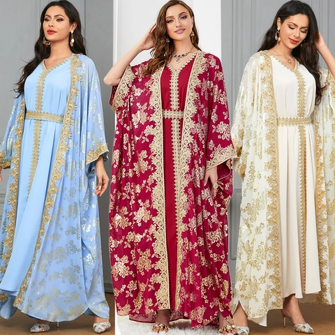 Women Muslim Kaftan Abaya Embroidery Floral Chiffon Long Sleeve Maxi Dress With Belt Party Evening Gown