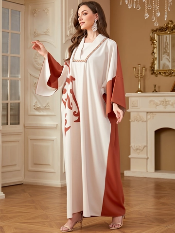 Women Ethnic Patchwork Kaftan Dress Batwing Sleeve V Neck Embroidery Contrast Color Loose Maxi Abaya Long Robe For Party
