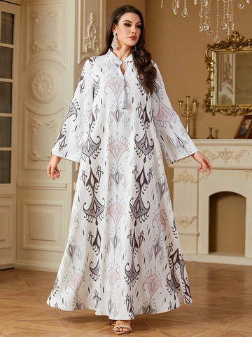Abito Maxi Kaftan Abaya da Donna con Stampa Etnica Manica Lunga con Nappine Boho Stampa Digitale Elegante Abito da Banchetto