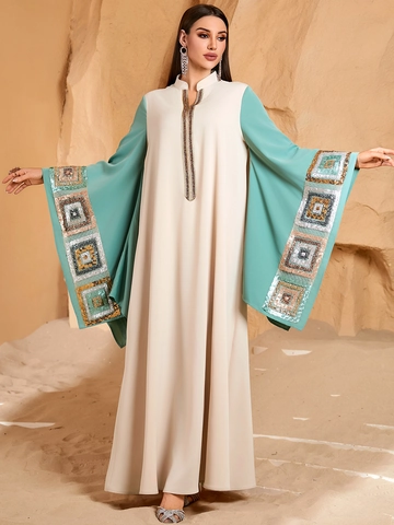 Ethnic Γυναικείο Kaftan Abaya Μάξι Φόρεμα Βερικοκί Colorblock Μανίκι Νυχτερίδα Γεωμετρικές Πούλιες Κέντημα Μέσης Ανατολής Πολυτελής Μακριά Ρόμπα