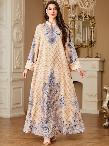 Women's Vintage Paisley Ethnic Kaftan Dress Geometric Mesh Print Long Sleeve Stand Collar Polyester Satin Maxi Gown