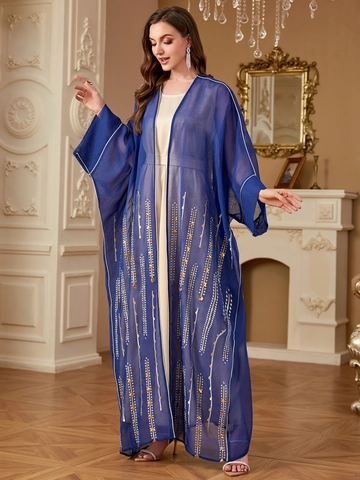 Women Elegant Embroidered Abaya Set With Sequin Sheer Outer Robe And Sleeveless Inner Maxi Dress Muslim Ethnic Party Kaftan