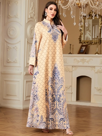 Women's Vintage Paisley Ethnic Kaftan Dress Geometric Mesh Print Long Sleeve Stand Collar Polyester Satin Maxi Gown