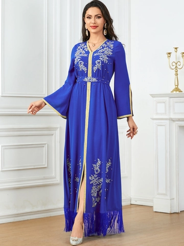 Damen Marokkanisch Kaftan Muslim Maxikleid Elegant Blumenstickerei Perlen Langarm Fransensaum Ethno Party Abaya Robe
