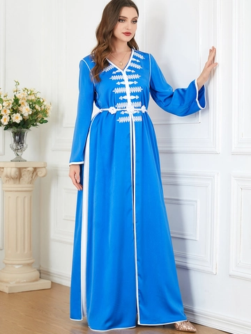 Abito da Donna Musulmano Kaftan con Ricamo Etnico in Raso Manica Lunga Sottoveste e Abaya Medio Oriente Vestito Maxi da Festa con Cintura