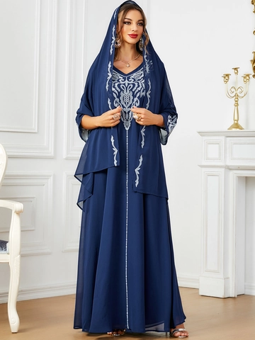 Vestido Largo Bordado Étnico para Mujer Cuello en V Manga Larga Túnica de Gasa Azul Marino Elegante Vestido de Fiesta Estilo Tradicional