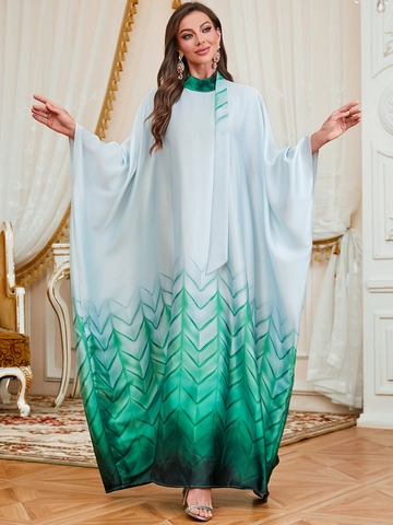 Elegantes Damen Satin Kaftan Langes Kleid Fledermausärmel Farbverlauf Geometrisches Muster Stehkragen Jalabiya Abaya Kleid