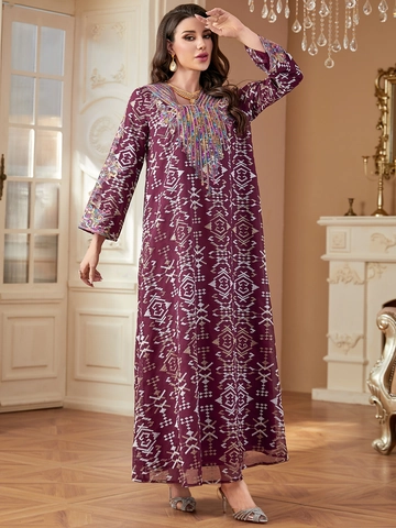 Vestido Maxi Kaftán Étnico para Mujer con Bordado y Lentejuelas Cuello en V Elegante Estampado Geométrico Manga Larga Abaya Fiesta