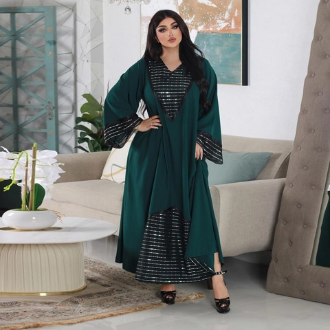 Damen Ethnische Abaya Maxikleid Paillettenstickerei Patchwork Langarm V-Ausschnitt Pfauengrün Mittlerer Osten Party Kaftan