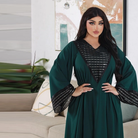 Damen Ethnische Abaya Maxikleid Paillettenstickerei Patchwork Langarm V-Ausschnitt Pfauengrün Mittlerer Osten Party Kaftan