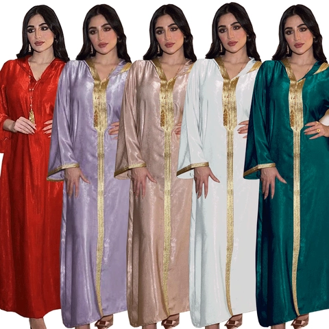Damen Muslim Kaftan Abaya Kapuzen Maxi Kleid Samt Gold Stickerei Ethnische Robe Langarm Locker Islamische Jalaba Ramadan