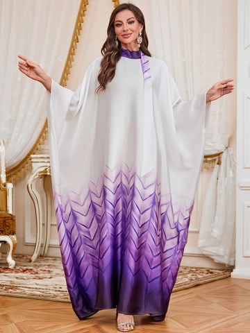 Elegantes Damen Satin Kaftan Langes Kleid Fledermausärmel Farbverlauf Geometrisches Muster Stehkragen Jalabiya Abaya Kleid