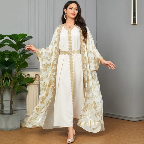Women Muslim Kaftan Abaya Embroidery Floral Chiffon Long Sleeve Maxi Dress With Belt Party Evening Gown