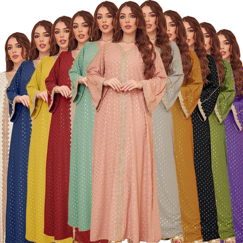 Damen Muslim Kaftan Abaya Langarm Maxikleid Bronzierte Punkte Häkelspitze Ethno Partykleid