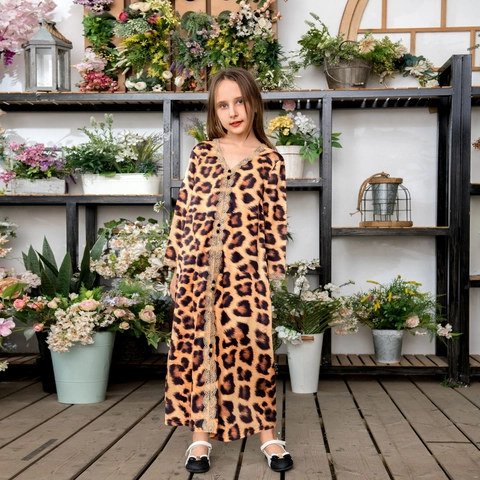 Abito Maxi Kaftan con Stampa Leopardata e Finiture in Pizzo Dorato Manica Lunga Scollo a V Etnico Abaya Donna Bambina