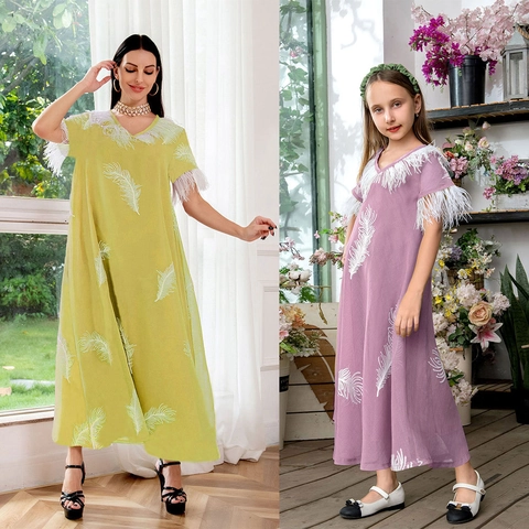 Elegant Women V-Neck Feather Embroidery Polyester Mesh Maxi Dress Bohemian Long Sleeve Kaftan Party Vacation Long Gown