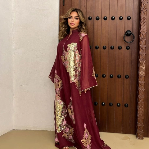 Γυναικείο Abaya Kaftan Maxi Φόρεμα με Πούλιες και Κέντημα Μακρυμάνικο V-Λαιμόκοψη Επίσημη Βραδινή Τουαλέτα Κομψό Πολυεστέρα