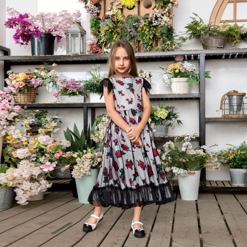 Girls Vintage Rose Floral Print Mesh Dress Lace Patchwork Bohemian Party Holiday Maxi Long Dress For Kids Clothing