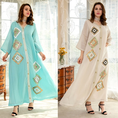 Women Elegant V Neck Sequin Embroidered Abaya Kaftan Maxi Dress Long Sleeve Loose Ethnic Islamic Robe Party Gown