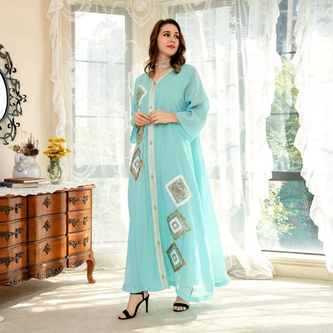Women Elegant V Neck Sequin Embroidered Abaya Kaftan Maxi Dress Long Sleeve Loose Ethnic Islamic Robe Party Gown