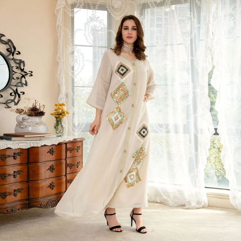 Women Elegant Sequin Rhombus Embroidery Abaya Long Sleeve V-Neck Kaftan Dress Polyester Ethnic Style Modest Maxi Dress