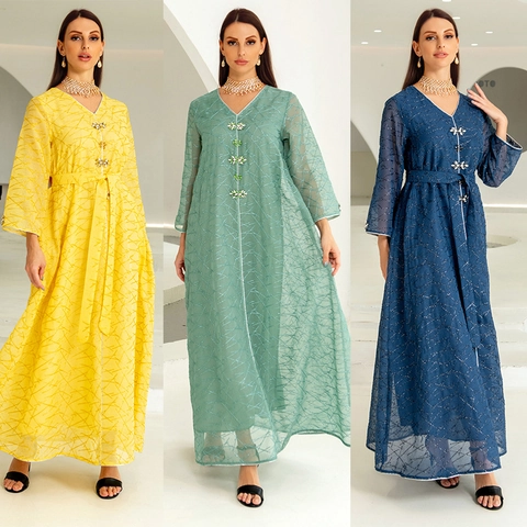 Women Ethnic Mesh Embroidery Abaya Kaftan Rhinestone Flower Buckle Geometric V-Neck Long Sleeve Maxi Dress Belted Party