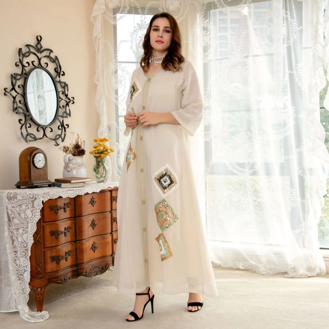 Women Elegant Sequin Rhombus Embroidery Abaya Long Sleeve V-Neck Kaftan Dress Polyester Ethnic Style Modest Maxi Dress