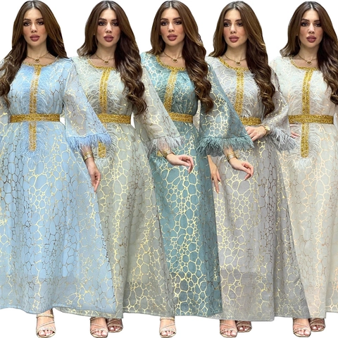 Elegantes Damen Ethno Kaftan Maxikleid Mit Goldfolie Geometrischem Muster Federbesatz Pailletten Gürtel Abaya Bankett Kleid