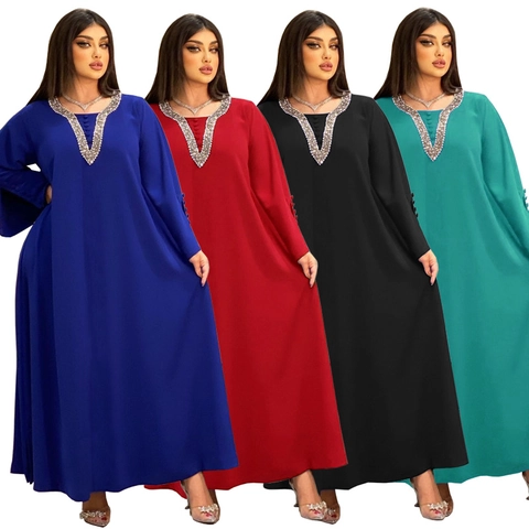 Damen Bescheidene Abaya Kaftan Kleid 100% Polyester Perlen Strass V-Ausschnitt Langarm Maxi Kleid Für Party Abend Hochzeit