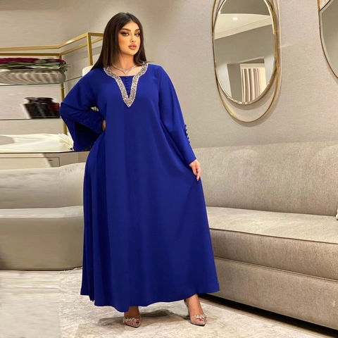 Damen Bescheidene Abaya Kaftan Kleid 100% Polyester Perlen Strass V-Ausschnitt Langarm Maxi Kleid Für Party Abend Hochzeit